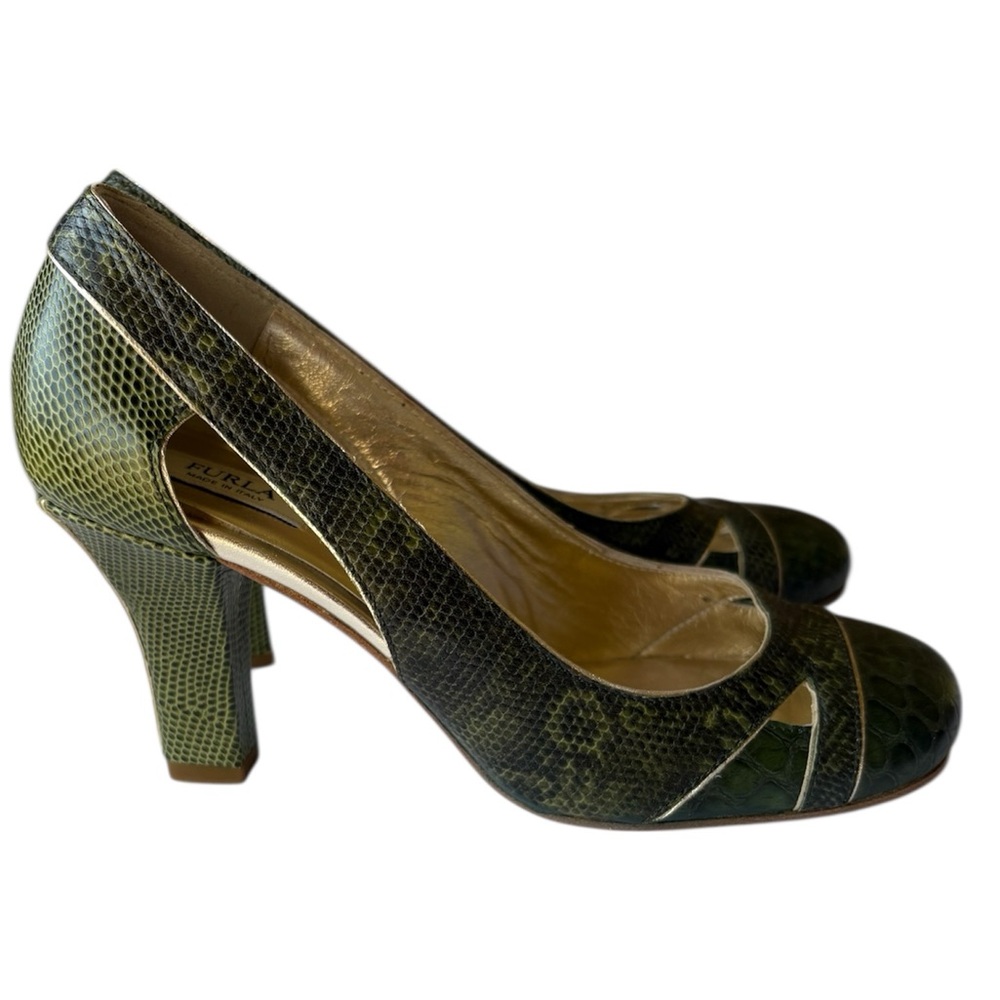 Furla Made in Italy Green Reptile Embossed Block Heel Pumps EU 35 (US 4–4.5) NEW - Picture 3 of 9